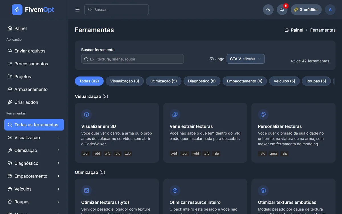 Painel do 3DMeshTool na página Ferramentas: busca, escolha do jogo e as ferramentas separadas por grupo.