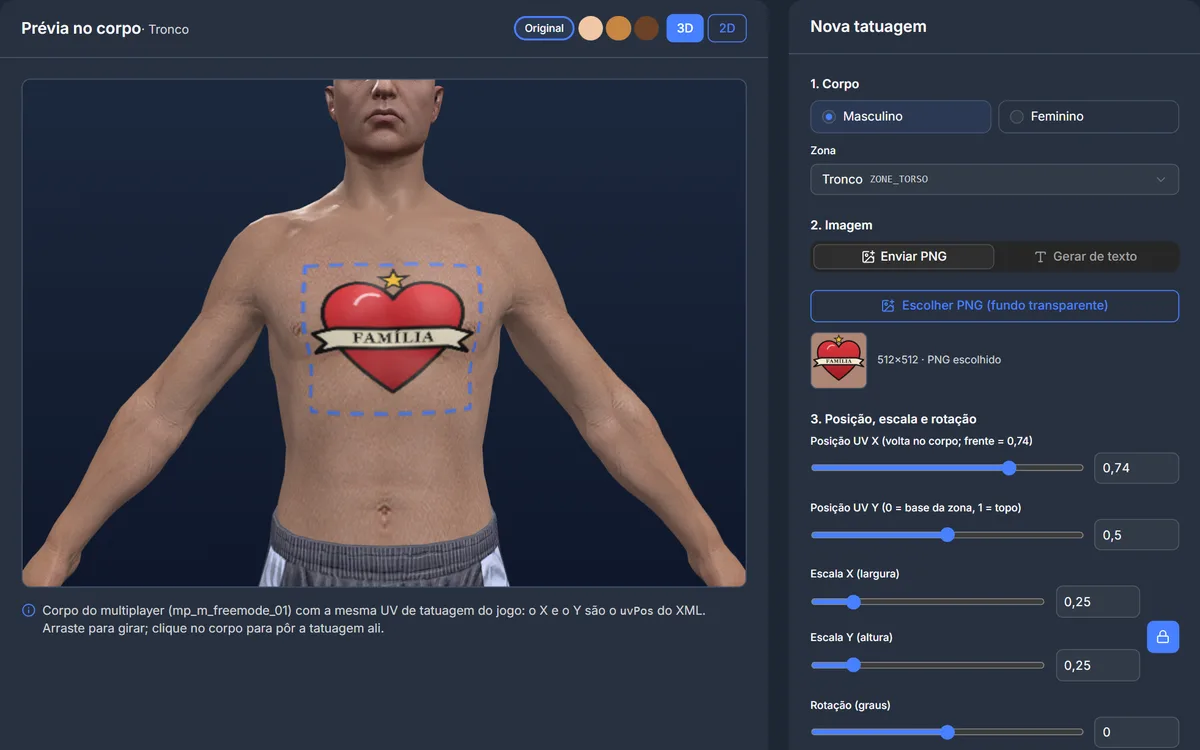 Editor de tatuagem do 3DMeshTool: prévia 3D de uma tatuagem de exemplo no corpo do personagem do multiplayer, com os controles de posição, escala e rotação.