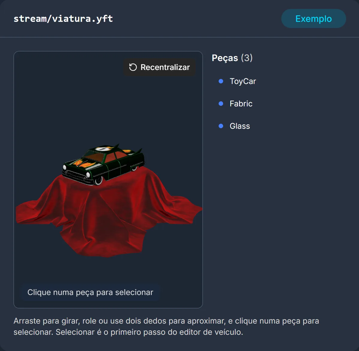 Tela Visualizar em 3D do 3DMeshTool: um carro de brinquedo (modelo de exemplo de domínio público) girando no navegador, com a lista de peças ao lado.